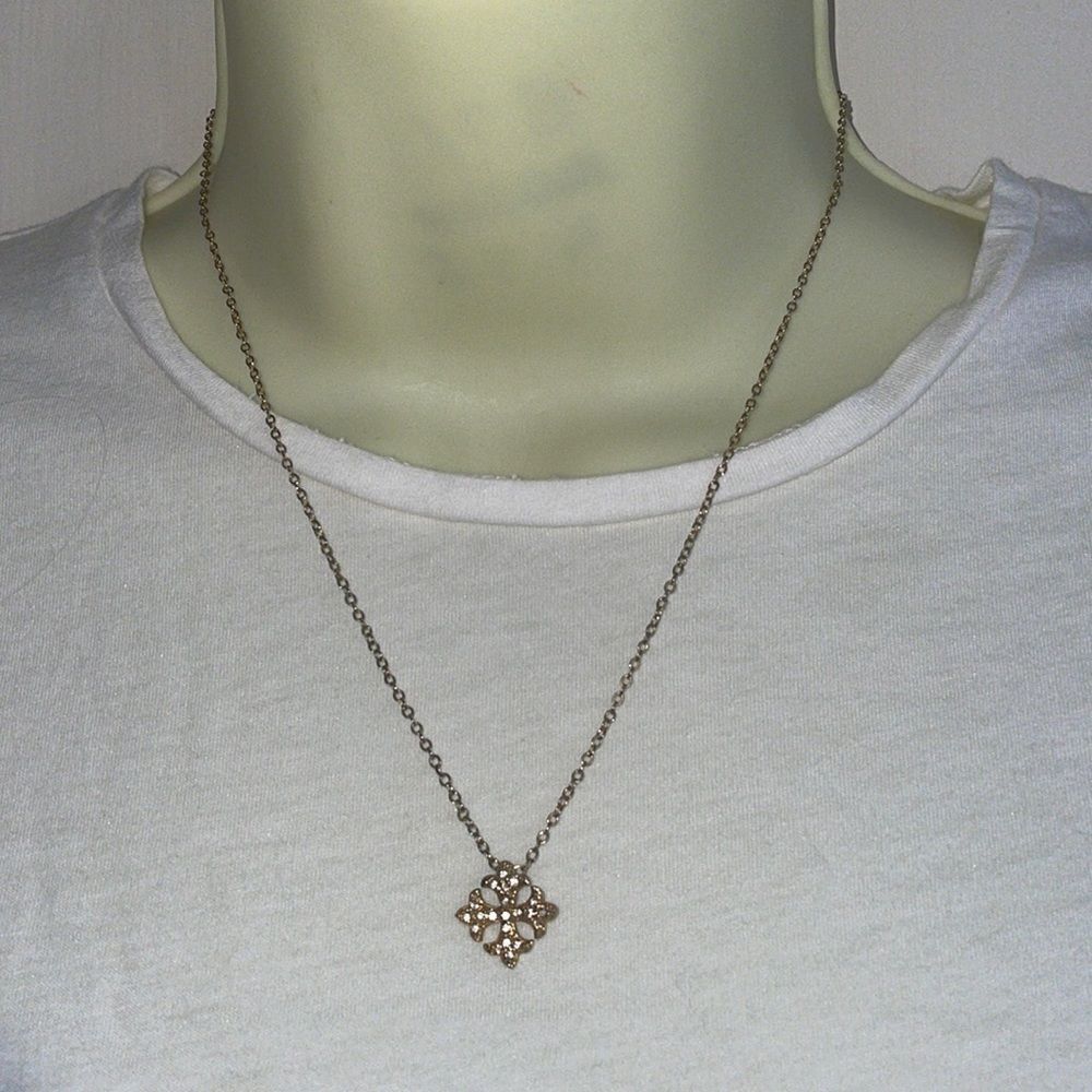 Gold tone chain necklace with  Maltese cross rhinestone pendant‎